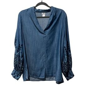 Chicos Chambray Tunic Blouse Embroidered Geometric V Neck Top Blue Women's 3 XL